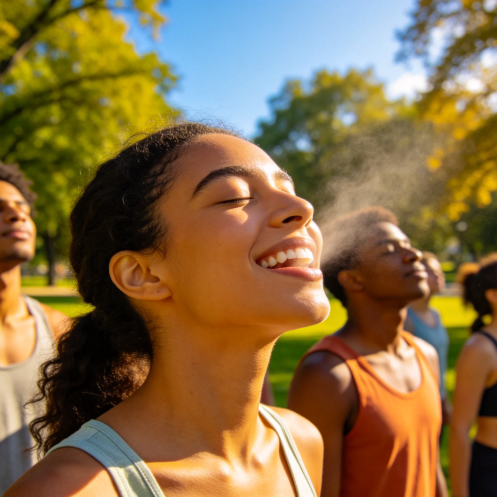 A group of diverse people happily breathing deeply in a sunny park. One person is smiling with eyes closed, taking in a big breath. Show trees and clear sky in the background. The focus is on the action of breathing and the feeling of freshness. Photorealistic style, bright daylight.