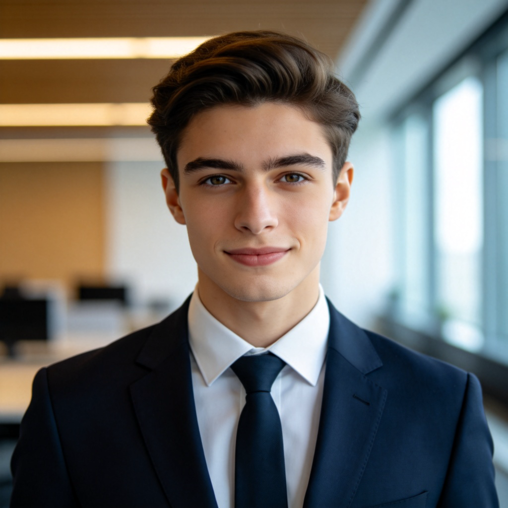 A confident young professional standing in a modern office, looking directly at the viewer with a slight, assured smile. They stand straight, and their posture and expression clearly show a specific manner or attitude. Clean, minimalist office background. Sharp focus on the person's expression and body language.