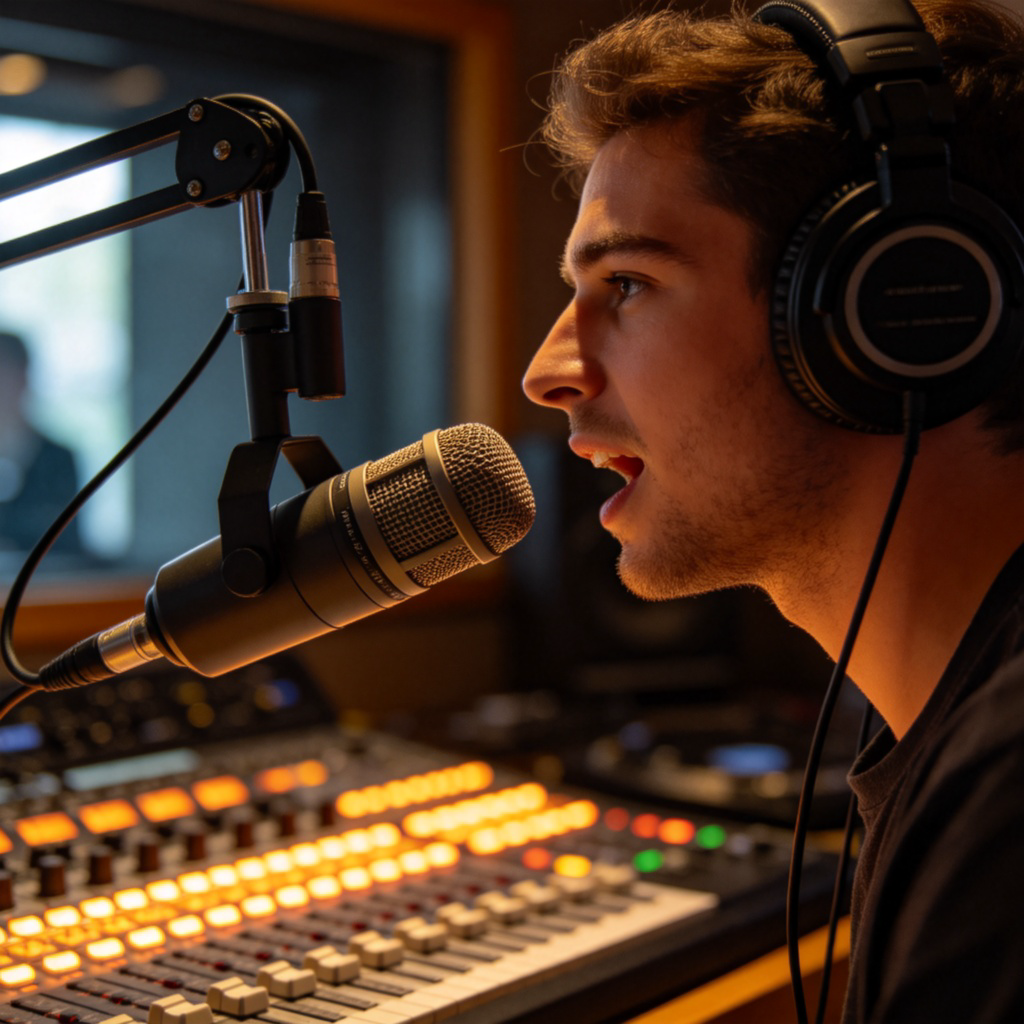 A close-up view inside a radio studio. A DJ is wearing headphones, speaking into a large microphone. In front of them, a soundboard with glowing lights and sliders is visible. The scene conveys the action of live broadcasting. Warm, focused studio lighting, photorealistic detail.