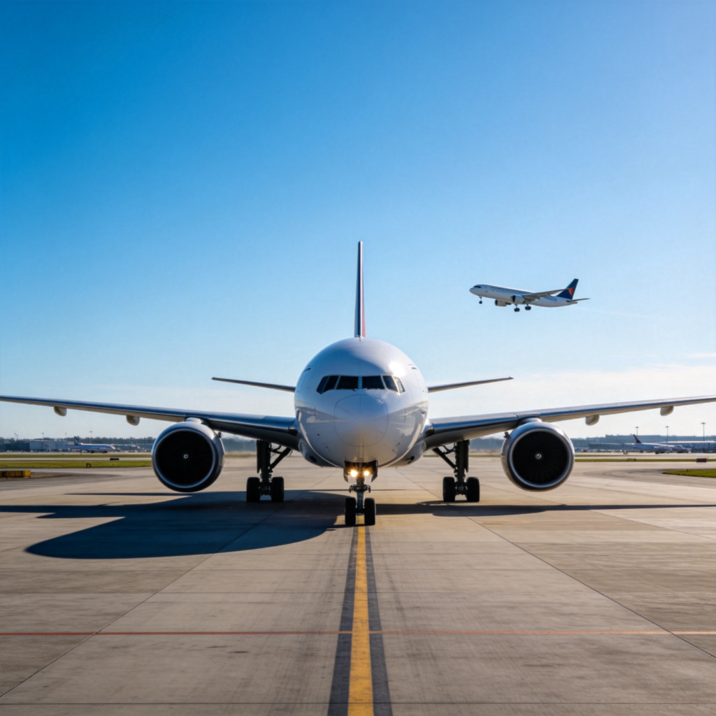 A wide-angle view of a busy international airport runway during daytime. A large, modern jet airliner is taxiing on the tarmac, with its distinctive wings and tail clearly visible. In the background, another aircraft can be seen taking off into a clear blue sky. The scene is sharp, realistic, and focused on the aircraft as the main subject.