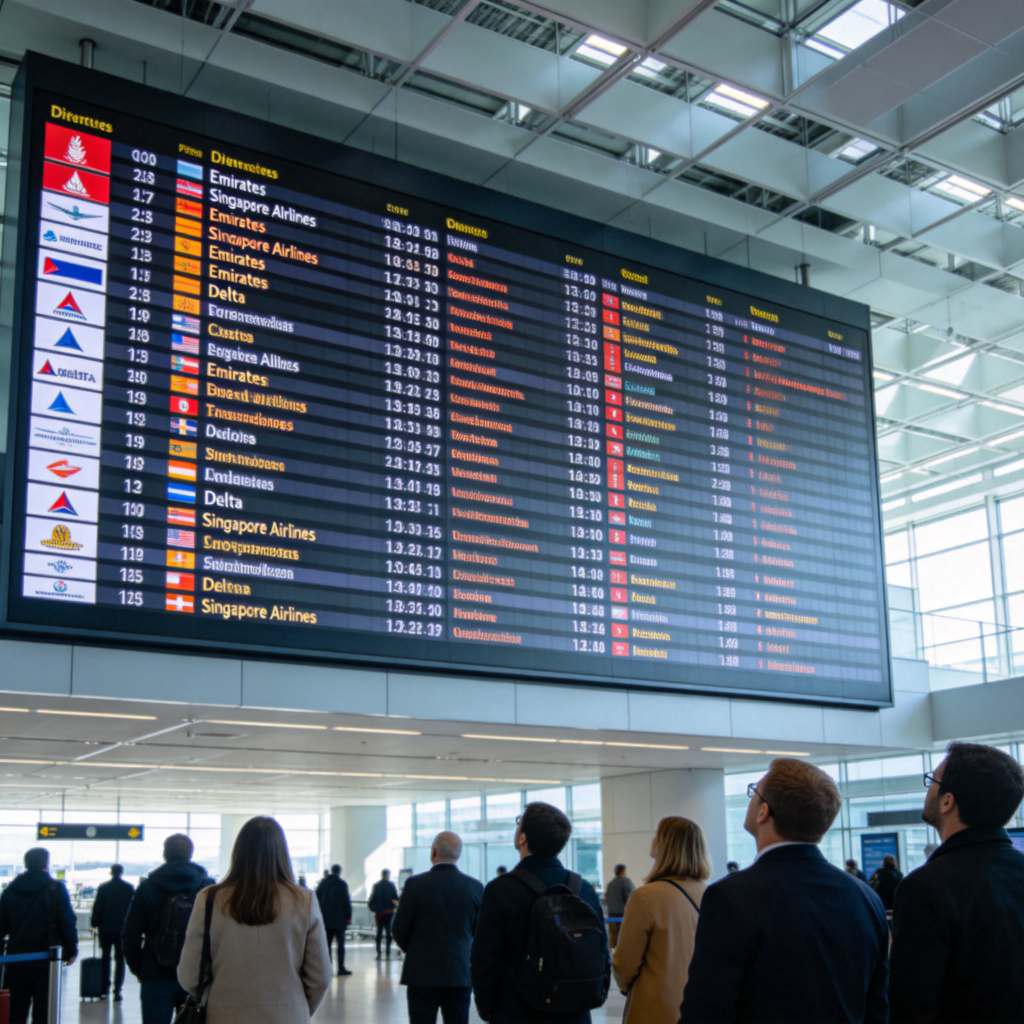 A modern airport interior with a large digital departure board prominently displayed. The board clearly lists multiple flight numbers, destinations, and times, with several well-known airline logos and names (like Emirates, Delta, Singapore Airlines) next to the flights. People are looking up at the board. Bright, clean, and realistic airport lighting. No text on the image itself besides the fictional board content.