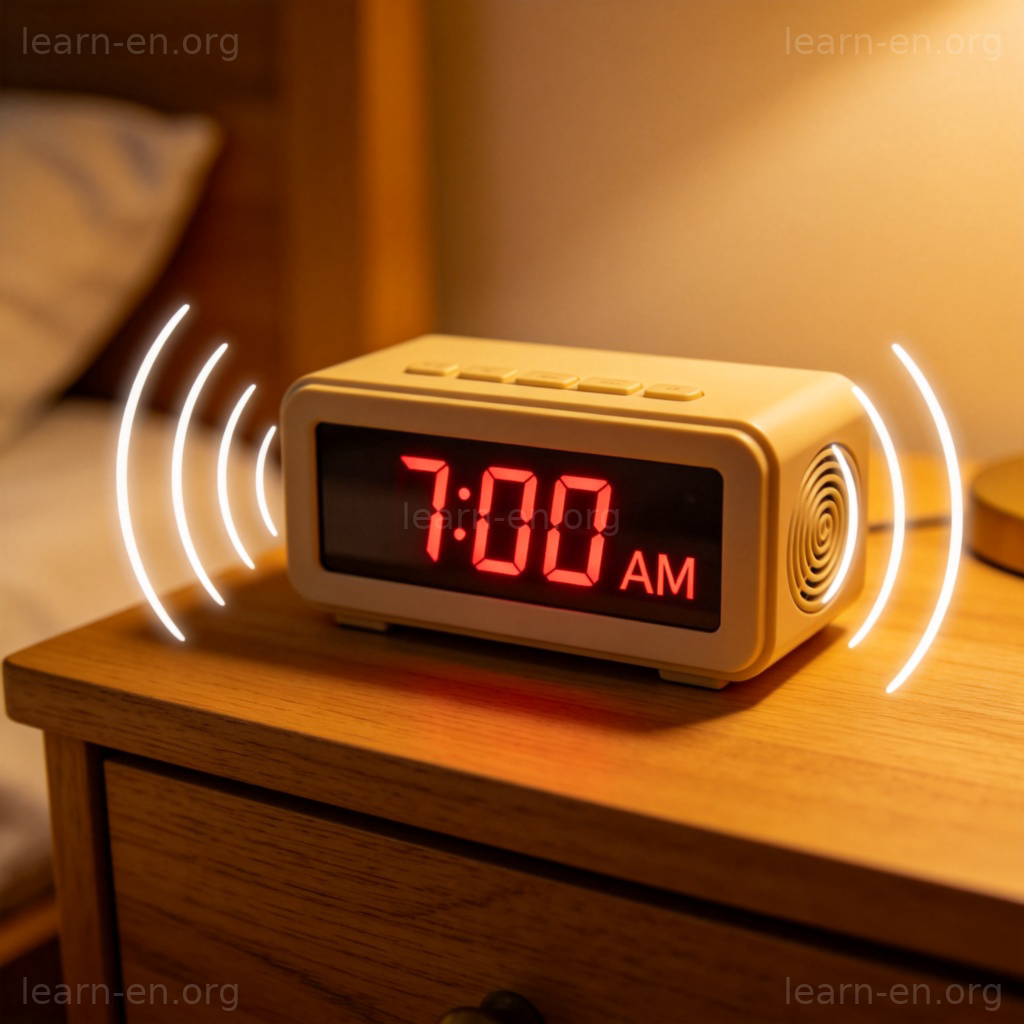 Alarm Clock 闹钟图解：木质床头柜上的经典电子闹钟，显示早上7点并发出声波