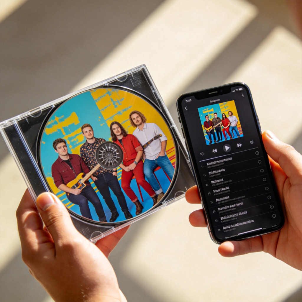 A close-up shot of a person's hands holding a physical music CD in its plastic case. The CD cover features colorful band artwork. Nearby, a smartphone screen displays a digital music player interface showing the same album cover and a list of song titles. Clean background, natural light. No text.