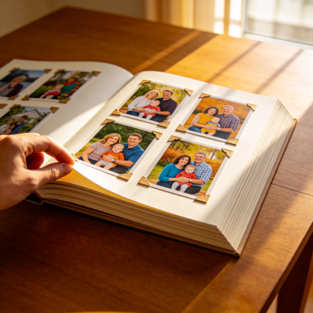 A hand turning the page of a large, open photo album lying on a wooden table. The page shows several colorful family photographs neatly arranged with corner mounts. Soft sunlight from a window illuminates the scene. The focus is on the photos and the album's thick pages. No text.