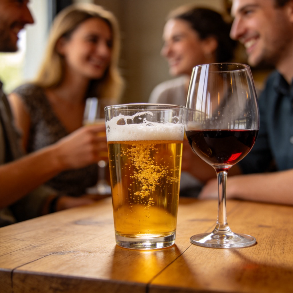A close-up photo of a social gathering on a wooden table. In the foreground, a clear pint glass filled with golden beer with bubbles, and a half-full wine glass with red wine are placed. In the soft background, people are chatting and smiling. The lighting is warm and inviting, focusing on the drinks as the center of social interaction. No text.