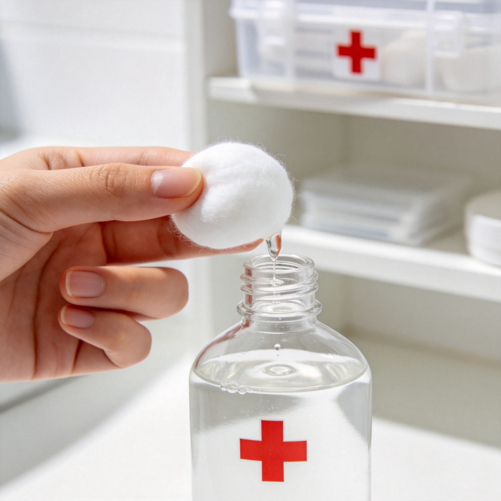 A clear close-up photo in a clean, bright setting. A hand is holding a white cotton ball against the neck of a transparent bottle labeled with a red cross symbol. A small amount of clear liquid (alcohol) is being poured from the bottle onto the cotton ball. The background is a simple, out-of-focus first-aid kit or bathroom shelf. The image conveys hygiene and medical use. No text.