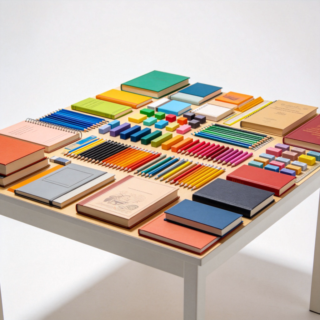 A table fully covered with a variety of colorful objects such as books, pencils, and erasers, arranged neatly to represent the concept of 'all' or entirety. The objects take up the entire table surface, with a plain white background to avoid distractions. Natural lighting highlights the details, and the composition is centered to emphasize completeness. No text or logos in the image.