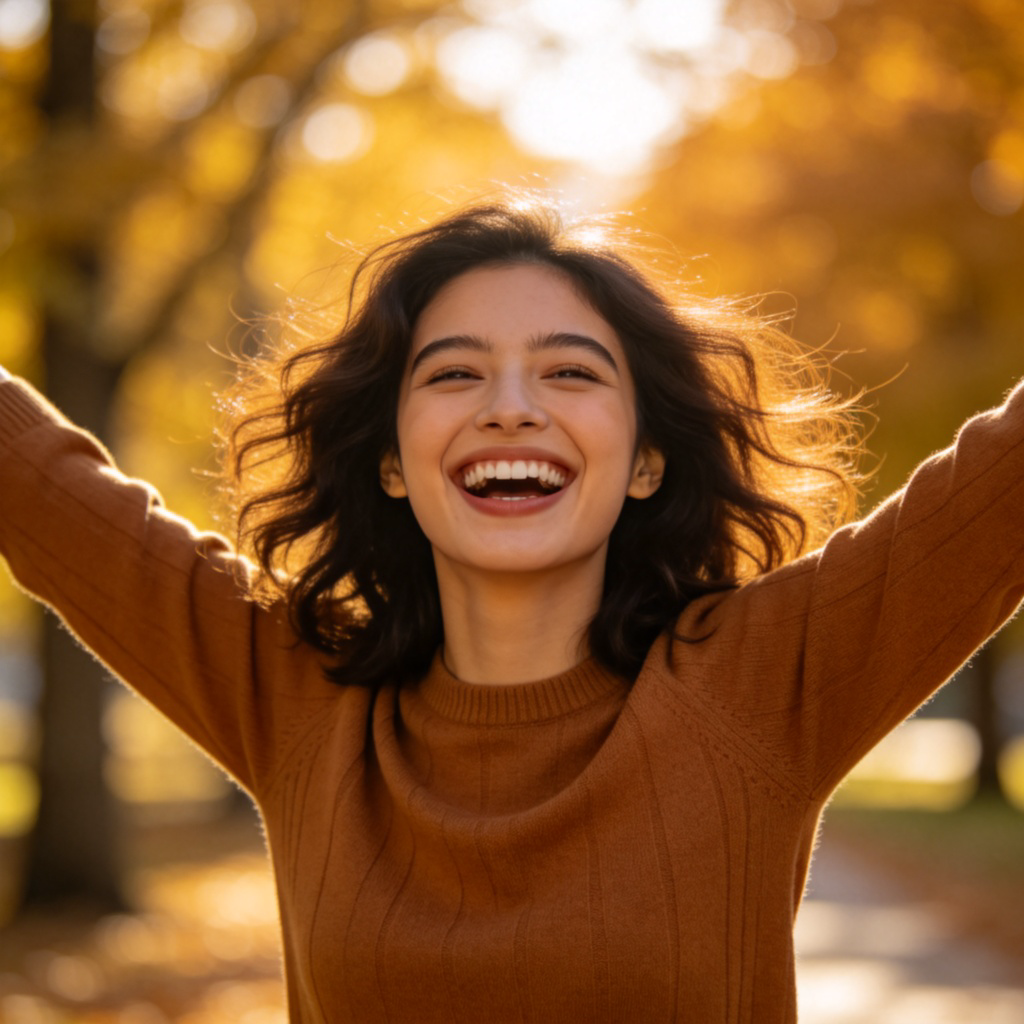A person standing with arms wide open and a big, genuine smile covering the entire face, expressing complete happiness or excitement. The background is blurred with soft light to focus on the person's expression, conveying the idea of being 'all' in an emotional state. Realistic style, no text or logos, emphasizing the fullness of the emotion.
