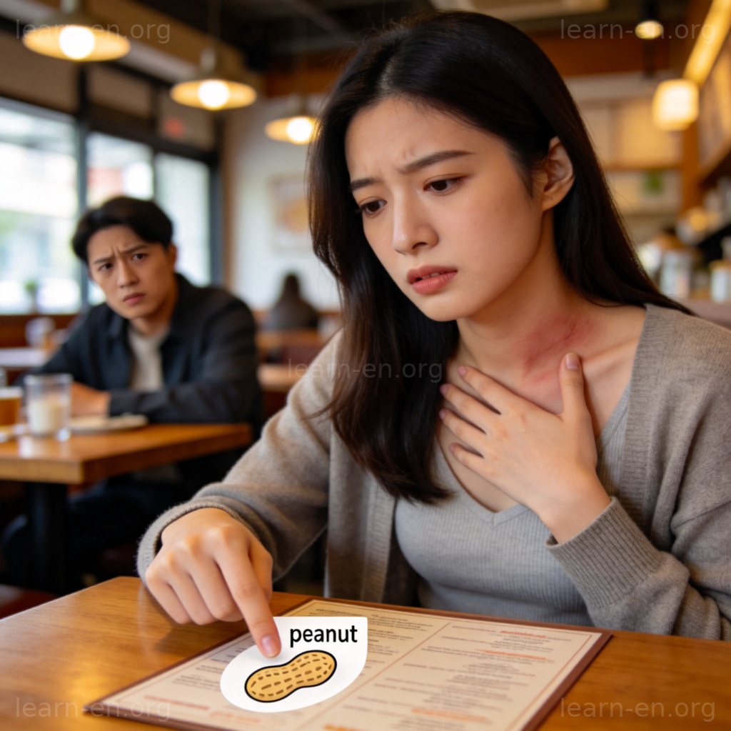 Allergic reaction 过敏反应图解：餐厅顾客因菜单花生标识引发颈部瘙痒