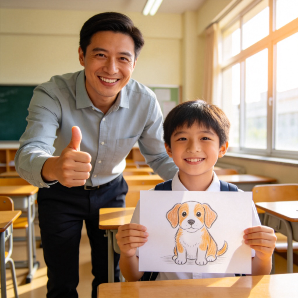 A cheerful teacher in a classroom, smiling and giving a thumbs-up to a student who is holding up a drawing of a dog. The student looks happy and hopeful. Bright, clear classroom setting. No text.