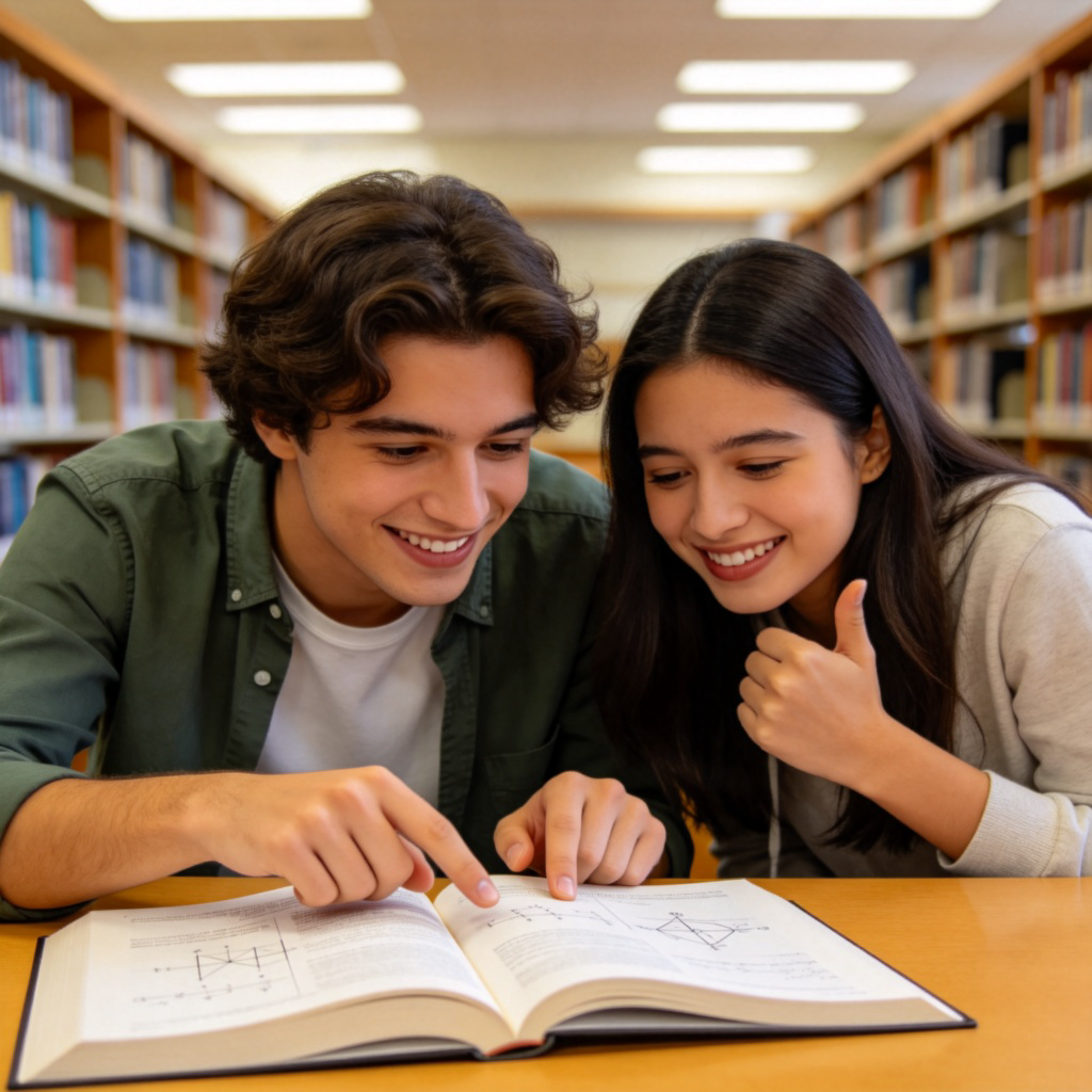 Two students working together at a library table, one is explaining a difficult math problem from a textbook to the other, who looks relieved and grateful. They are both smiling. The focus is on their collaboration and supportive body language. Clean, well-lit library background. No text.