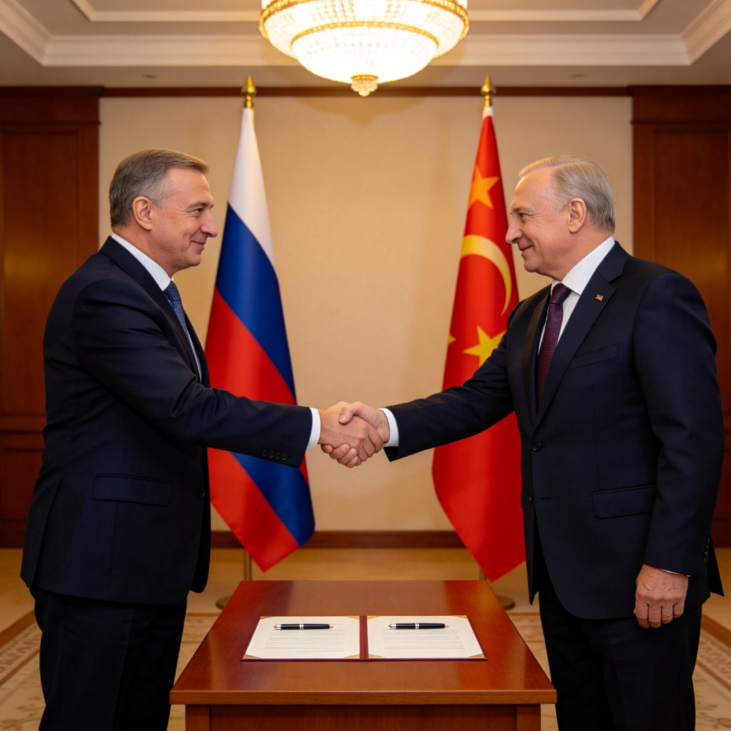 Two national leaders in formal suits shaking hands firmly in front of their respective country's flags at an official signing ceremony. A document and pens are on the table between them. The atmosphere is diplomatic and cooperative. No text.