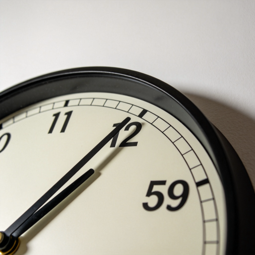 A close-up photo of an analog clock's face. The minute hand is pointing at 59 minutes, just one minute away from the top (12 o'clock). Clear, natural lighting, sharp focus on the clock. The background is a simple, light-colored wall. No text or numbers except for the clock's own numbers.
