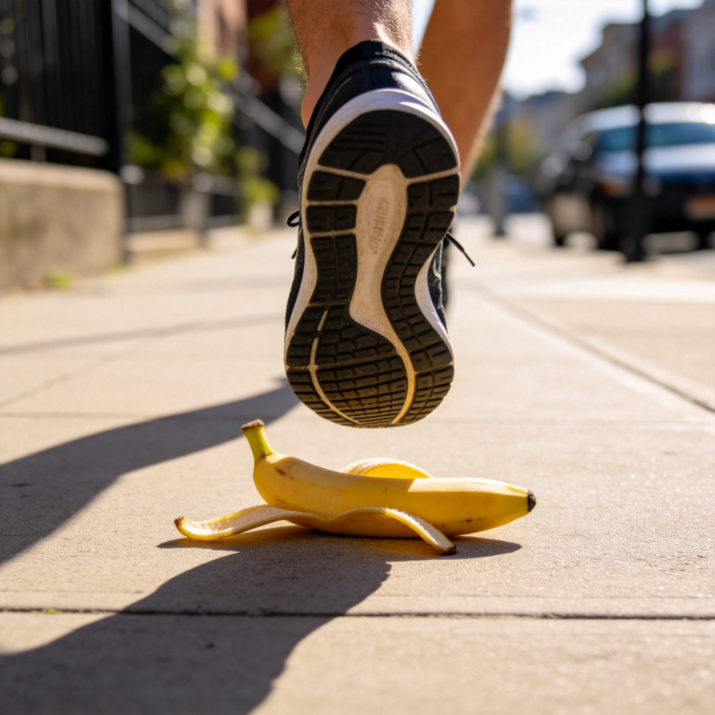 A person's foot in a running shoe, captured mid-step just millimeters above a yellow banana peel on a clean sidewalk. The scene shows the moment before a potential slip. Sunlight casting a shadow, dynamic angle from the ground up. No text.