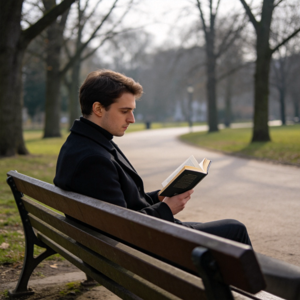 A single person sitting on a park bench reading a book, with no one else around. The park is empty and quiet, with trees and a path in the background. Daylight, realistic style, focus on the solitary figure. No text.