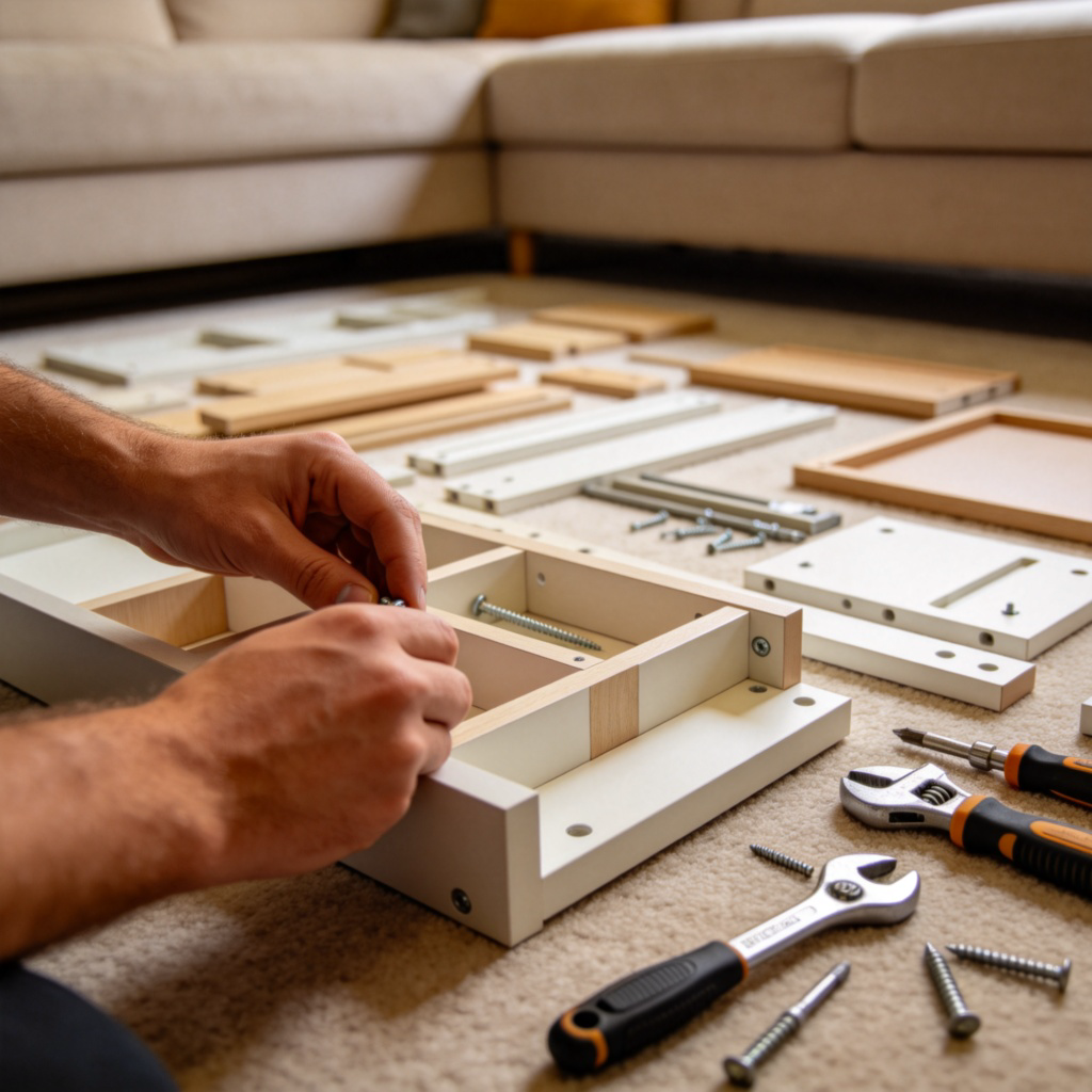 A person's hands working on assembling a piece of complex furniture with many parts spread out on a living room floor. The focus is on the hands and the tools, showing a task being done without help. Realistic, close-up shot. No text.