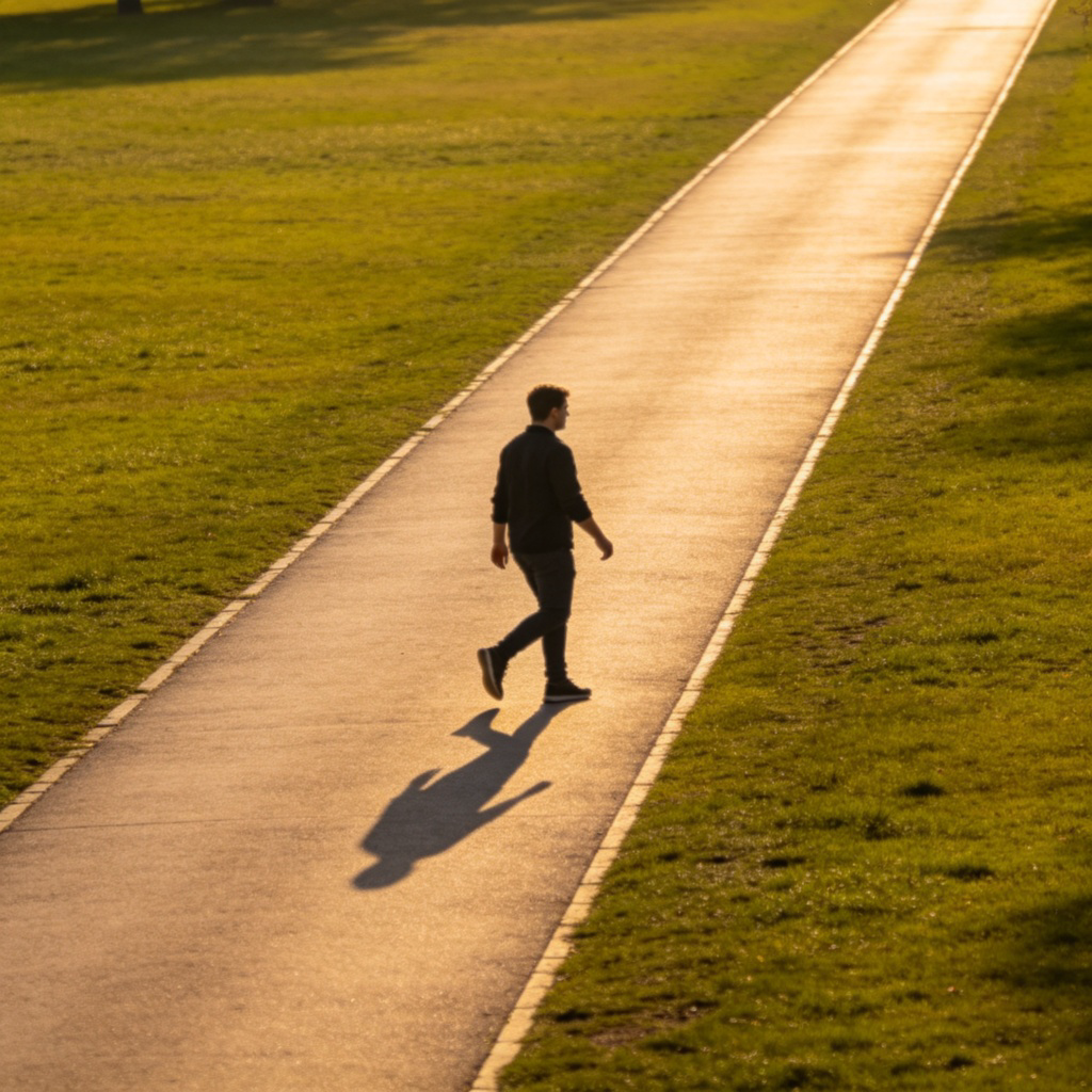 A person walking alone on a straight, paved path in a park. The path extends clearly into the distance, with green grass on both sides. Side-view, sunny day, focus on the person's movement along the length of the path. No text.