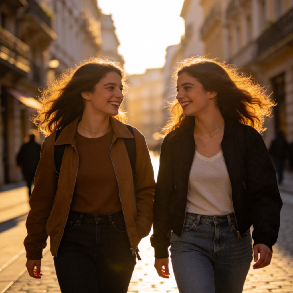 Two friends walking side by side along a city street, smiling and talking to each other. They are clearly together as companions. The background shows other buildings but is slightly blurred to keep the focus on the pair. No text.