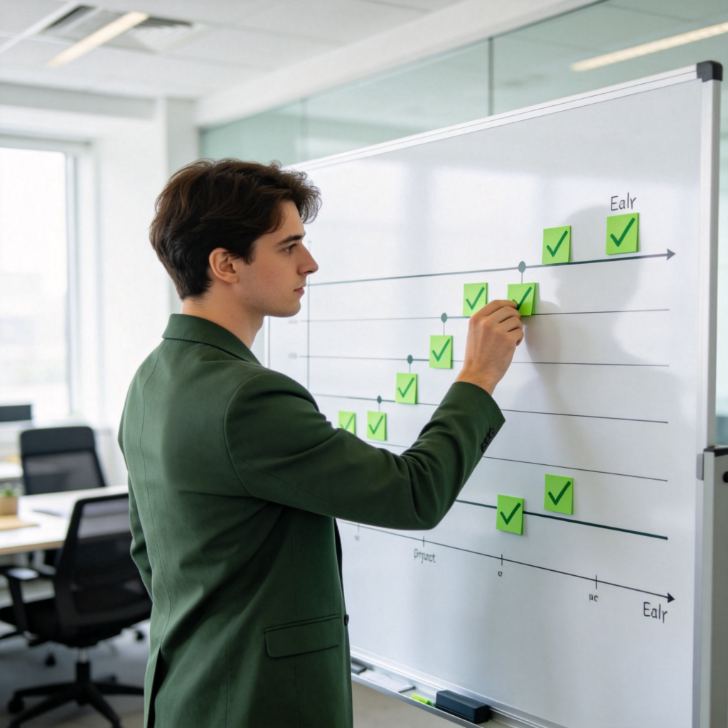 A person standing in front of a project timeline or Gantt chart on a whiteboard. Several early tasks are marked as 'done' with green checkmarks, and the person is placing a new milestone sticker further along the timeline. Office setting, natural light. No text.
