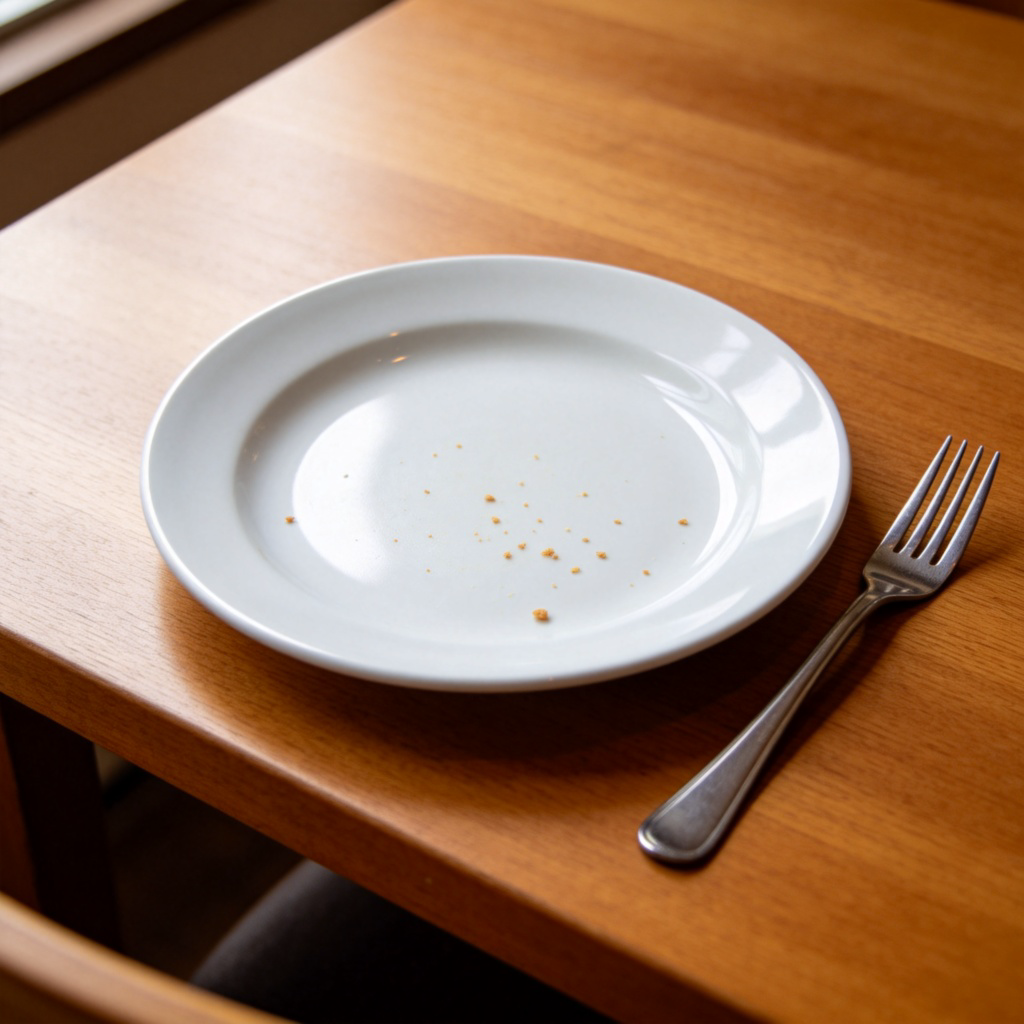 A clean white plate sits on a wooden dining table. The plate is empty with only a few crumbs, and a clean fork is placed neatly next to it. The scene suggests a meal has just been finished. Soft natural light from a nearby window, overhead view, sharp focus. No text or people in the frame.