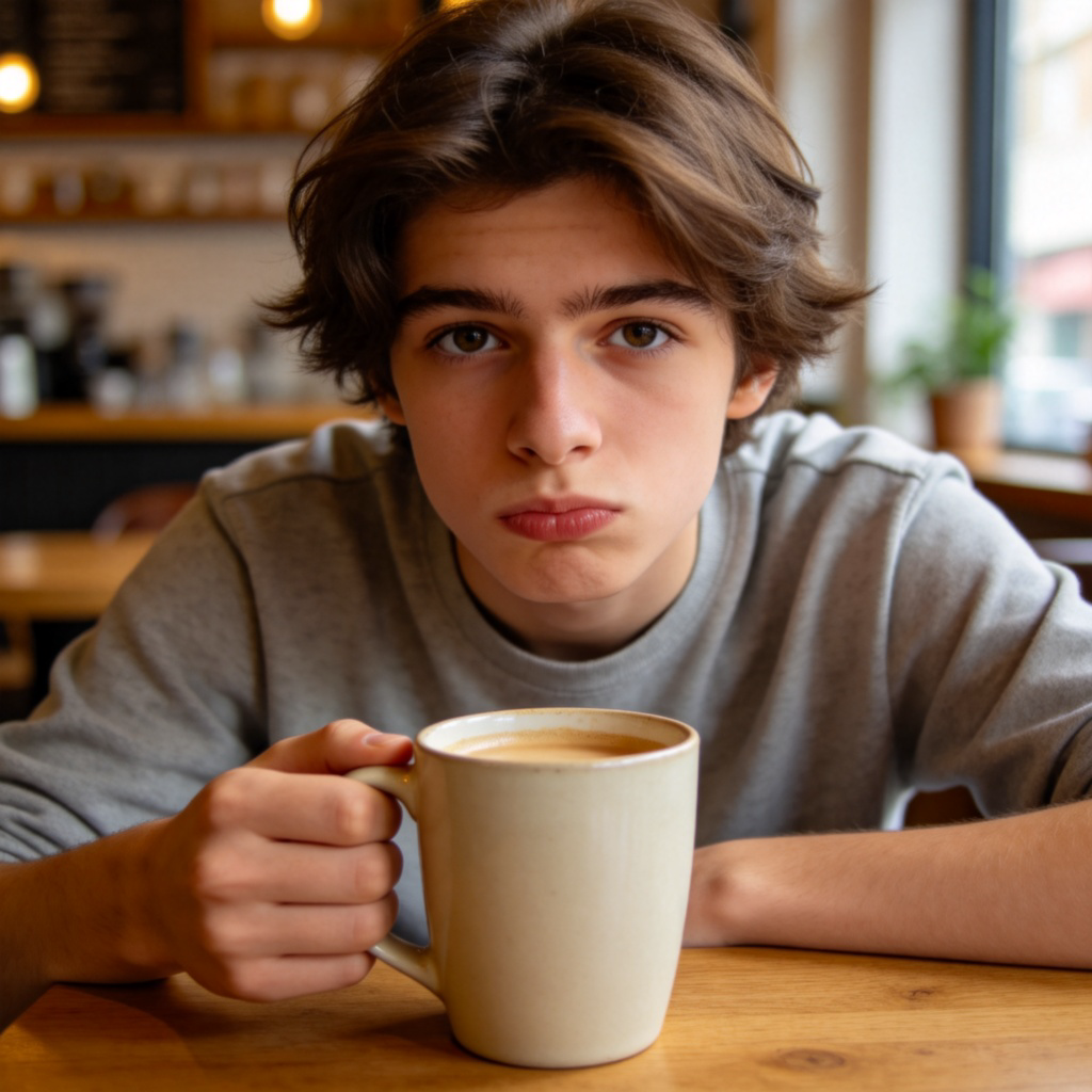 A young person sitting at a cozy cafe table, holding a mug of coffee. They have a neutral, slightly shrugging expression, suggesting the coffee is just okay. Warm, natural lighting, focus on the person's expression and the simple mug. No text.