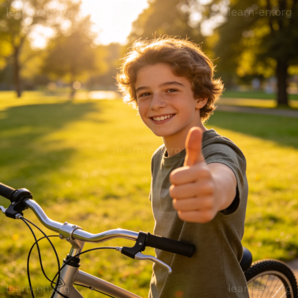 A young person standing next to a bicycle, smiling and giving a thumbs-up to the camera, showing they are safe and unhurt after a ride. Sunny day in a park setting, clear focus on the person's reassuring expression and gesture. No text.