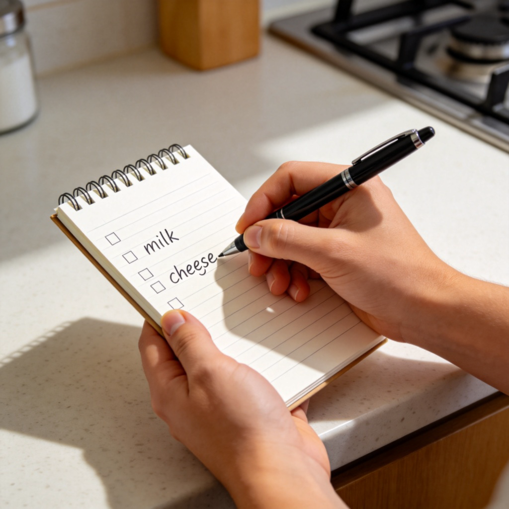 A person holding a shopping list written on a notepad, pointing a pen to add an extra item ‘cheese’ at the bottom. The original list shows ‘milk’ and ‘eggs’. Focus on the hand, pen, and paper against a clean kitchen counter. Daylight, realistic style. No text or logos.
