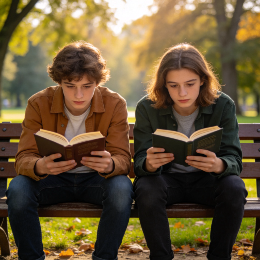 Two young people sitting side by side on a park bench, each reading a different book but both looking equally focused and interested. They are in casual clothing, natural sunlight filtering through trees in the background. Photorealistic style, emphasis on their similar engaged posture. No text.