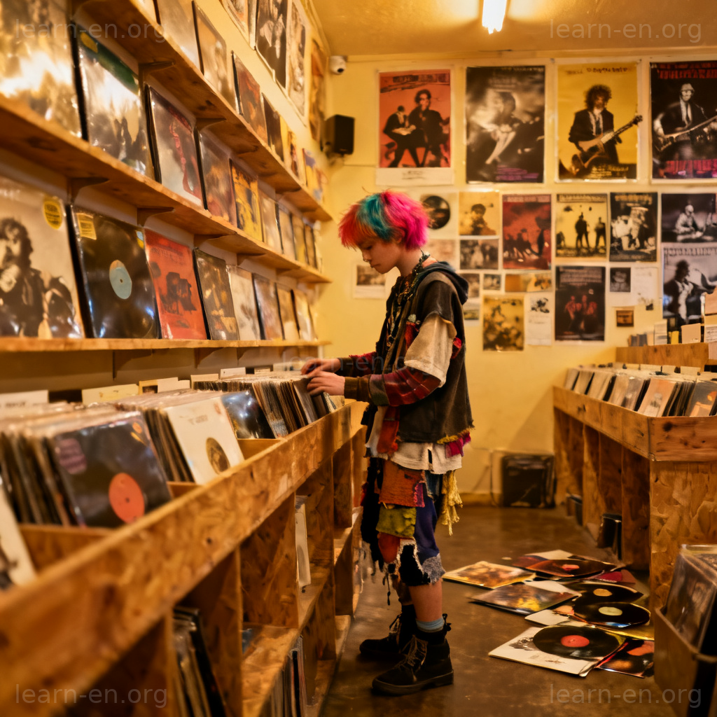 Alternative style scene: individual with colorful hair browsing vinyl records in an indie music shop.