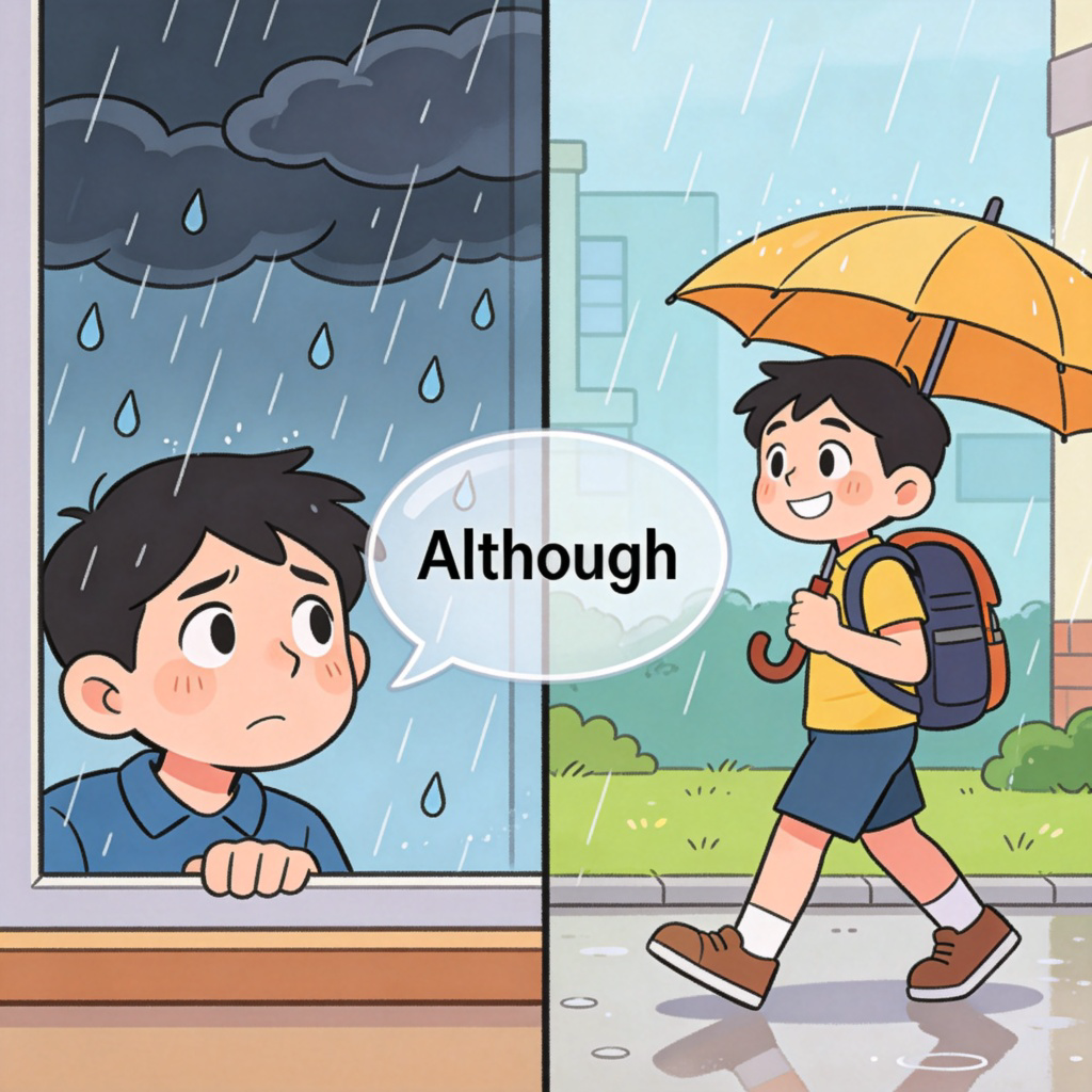 A split-screen scene. On the left side, a person is looking worried at dark clouds and raindrops on a window. On the right side, the same person is smiling and walking outside with an umbrella and a backpack. A large, clear text bubble in the center of the image connects the two sides with the word "Although". The style is a bright, clear cartoon or illustration. No logos.