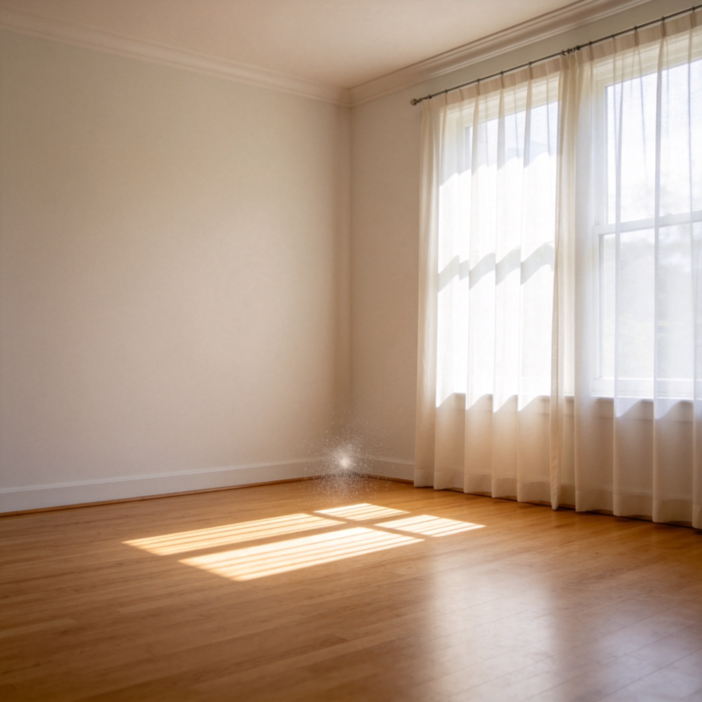 A completely empty living room with pale walls and wooden floors. Bright sunlight streams through large, curtainless windows. The only thing in the room is a single dust particle floating in a sunbeam. The view is from the center of the room looking towards a corner, emphasizing the total emptiness. Photorealistic style, clean and simple.