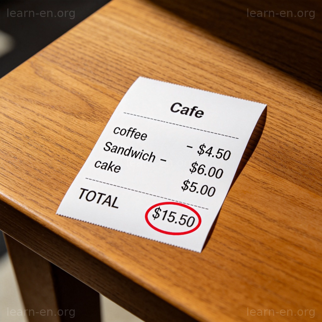 A receipt from a cafe lying on a wooden table. The items listed (coffee, sandwich, cake) have prices next to them. At the bottom, the word 'TOTAL' is clearly visible with a circle drawn around it in red pen, highlighting the final sum. Daylight on the table, sharp focus on the receipt. No faces or people in the shot.