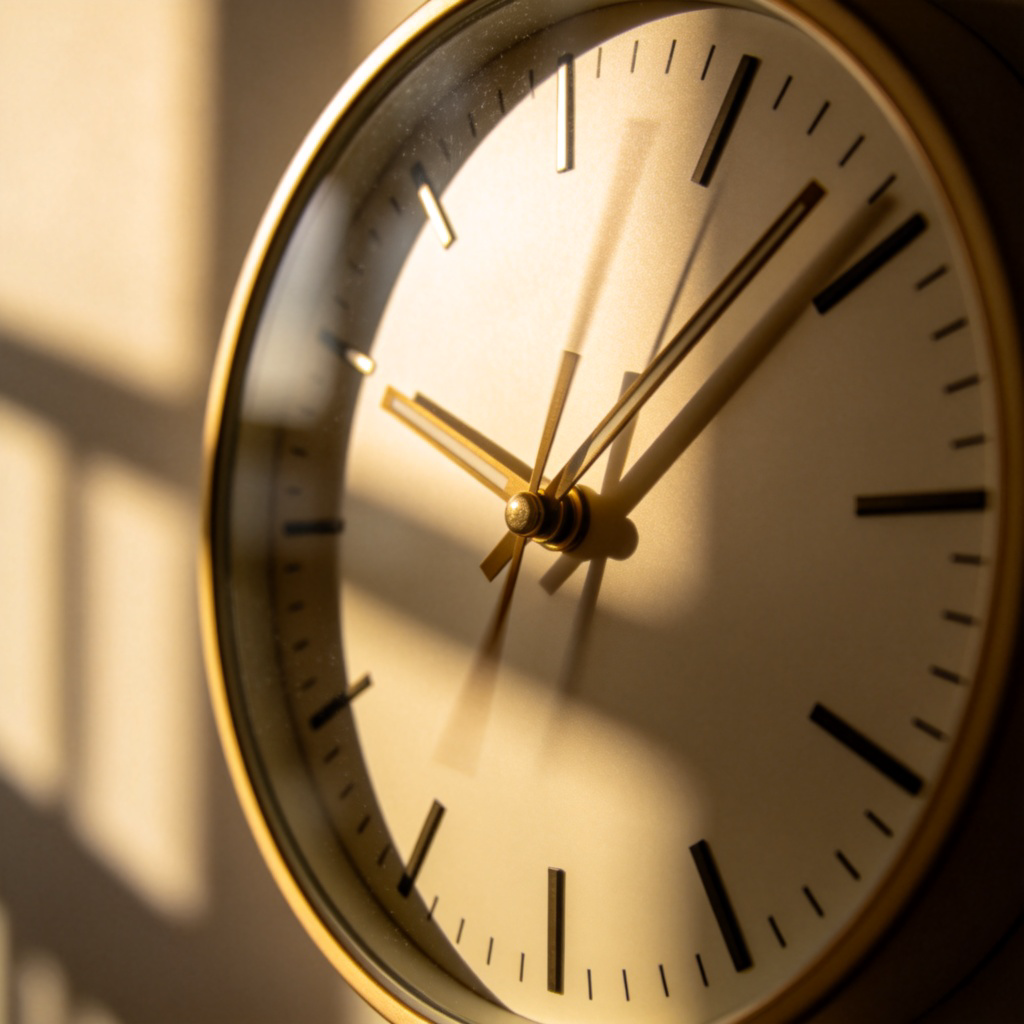 A close-up of an analog wall clock with its second hand continuously moving, placed in a quiet, sunlit room. The clock face is clear, and the motion of the hand is emphasized by a slight blur to show constant ticking. Minimalist background with soft natural lighting, focusing solely on the clock's movement. No text or logos.
