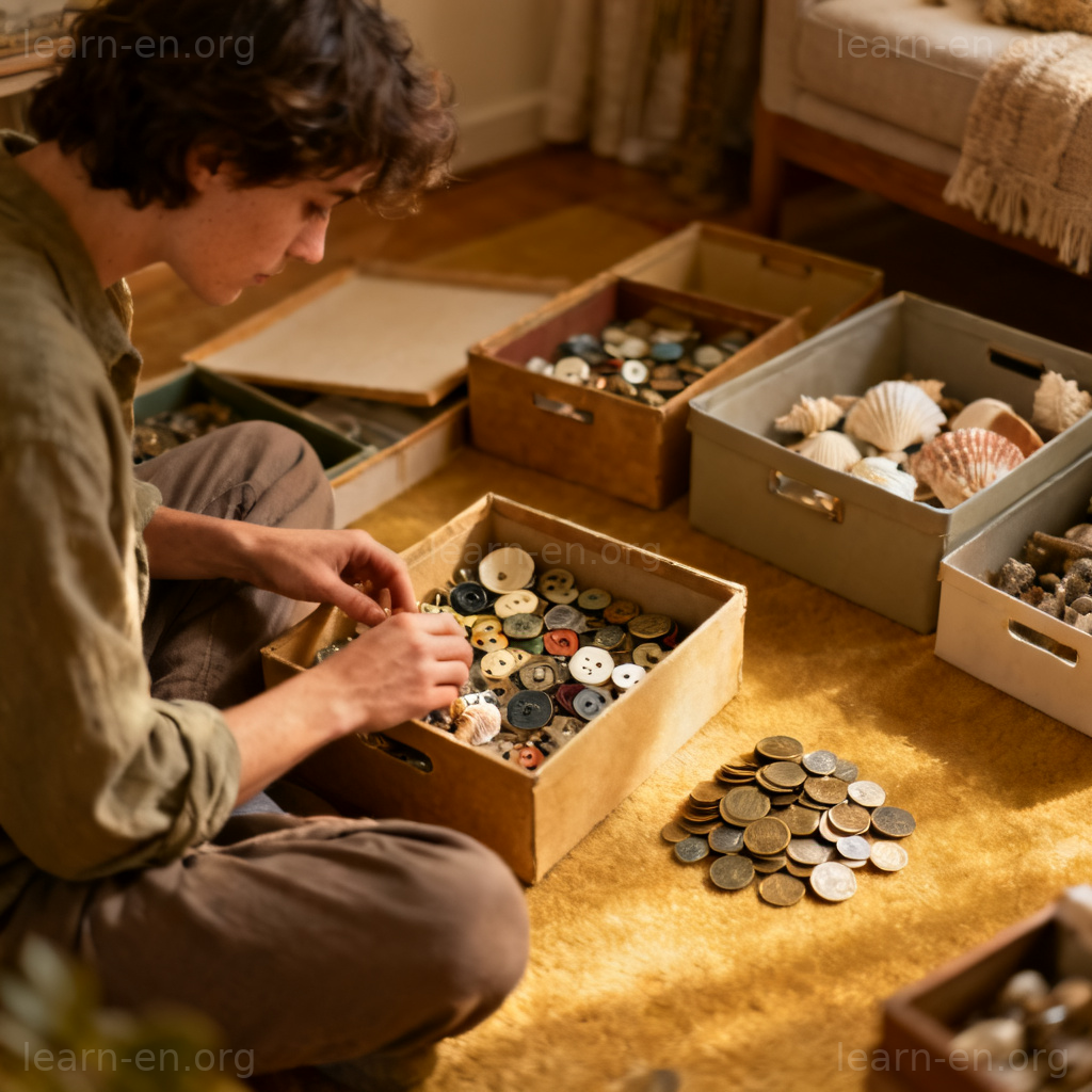 Amass meaning illustrated: person gathering and accumulating a collection of small objects over time.