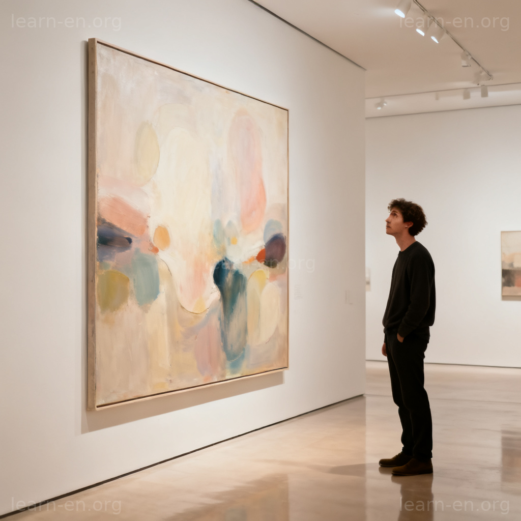 Ambiguity of feelings shown by a person contemplating a confusing abstract painting.