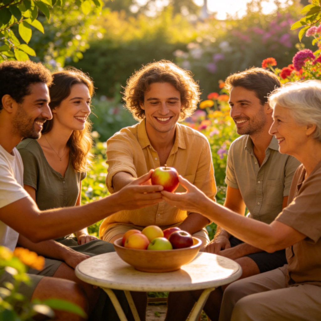 A vibrant scene in a sunny community garden. A diverse group of five people, including different ages and genders, are standing in a loose circle around a small table with a bowl of fruit. One person in the center is smiling and offering an apple to another. All are dressed casually, with green plants and flowers in the background. The focus is on the central person being surrounded by the group, highlighting the 'among' concept. No text or logos.