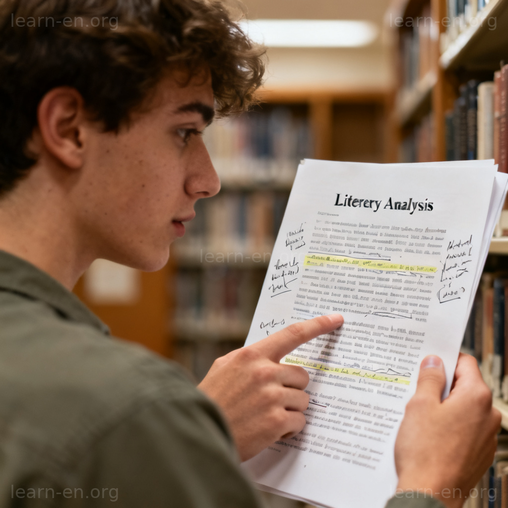 Student performing literary analysis with a highlighted report in a library.