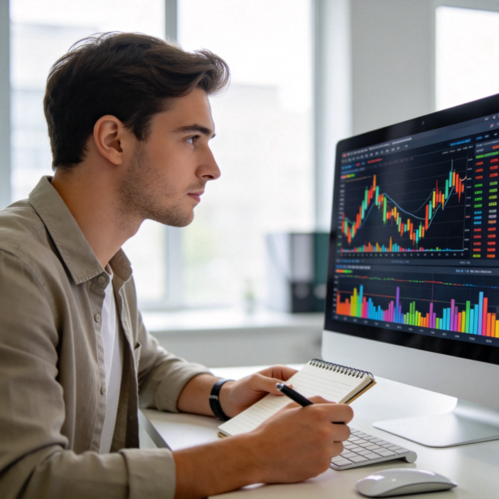 A person in business casual attire sitting at a modern desk, looking intently at a computer screen displaying colorful financial charts and graphs. They are holding a pen and a notepad. The scene is in a bright, clean office. Focus is on the person and the data on the screen. No text or logos.