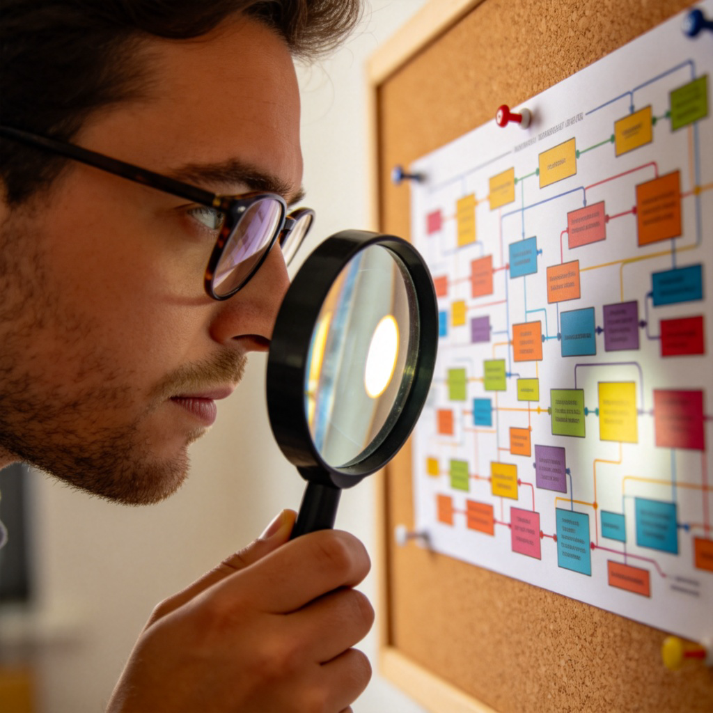 A person wearing glasses, using a magnifying glass to closely examine a detailed, colorful flowchart or mind map pinned on a corkboard. The diagram shows connections between ideas. Soft, focused lighting on the board and the person's thoughtful expression. No text.