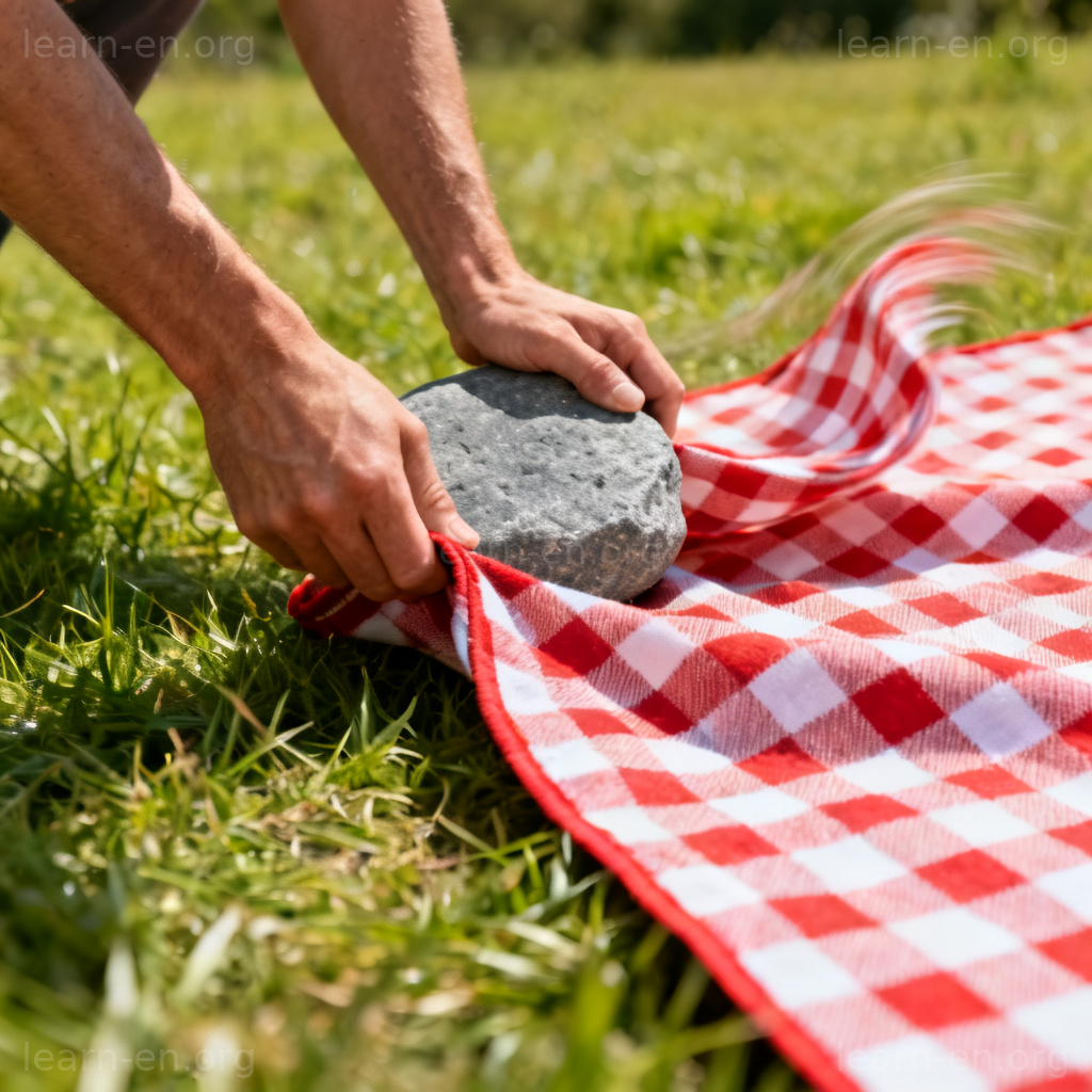 Anchor stone securing picnic blanket on grass