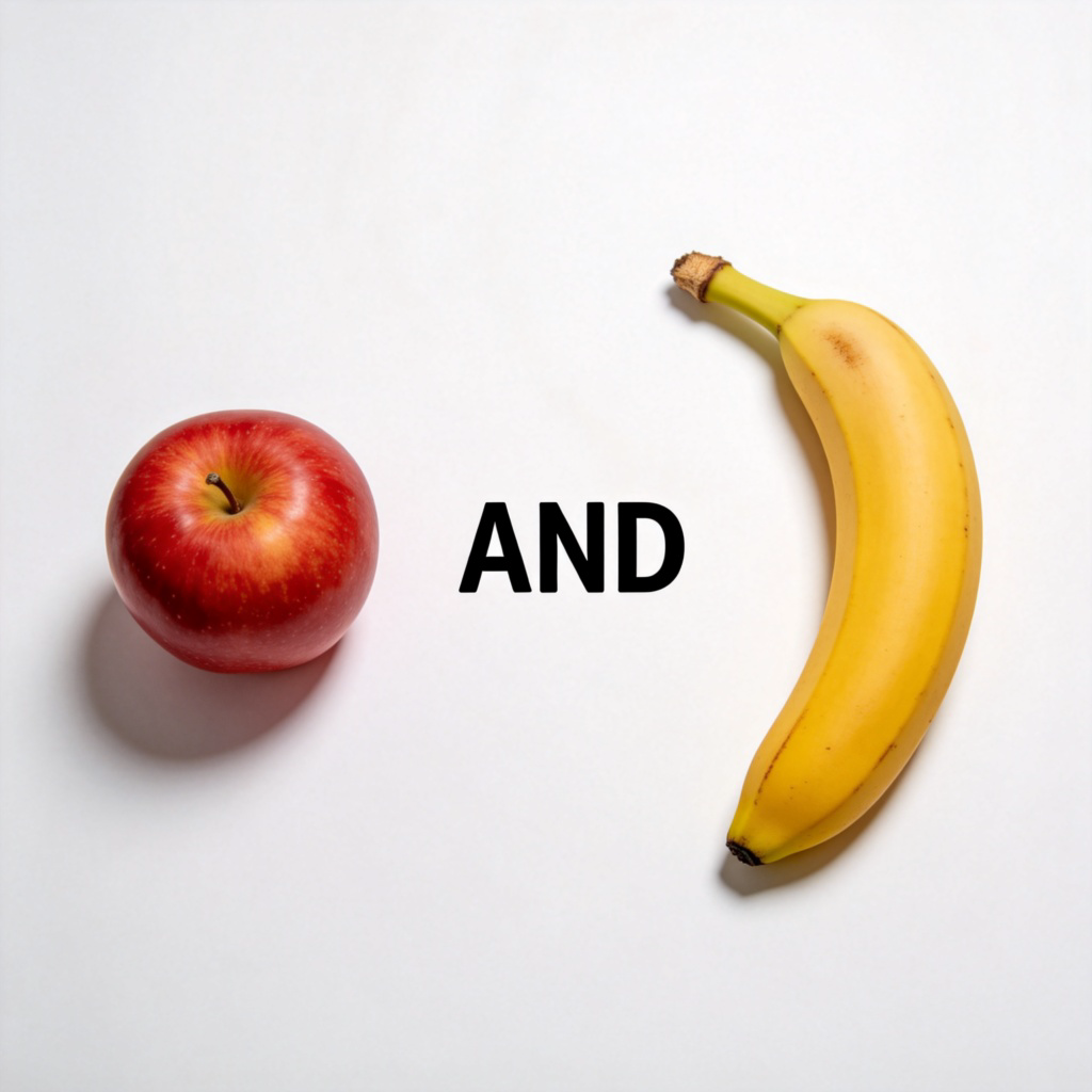 A plain white tabletop. On the left, a red apple. In the center, the word "AND" is written in simple, bold black font. On the right, a yellow banana. The items are aligned horizontally with equal spacing. Clean, bright studio lighting. Photorealistic style. No other text or logos.