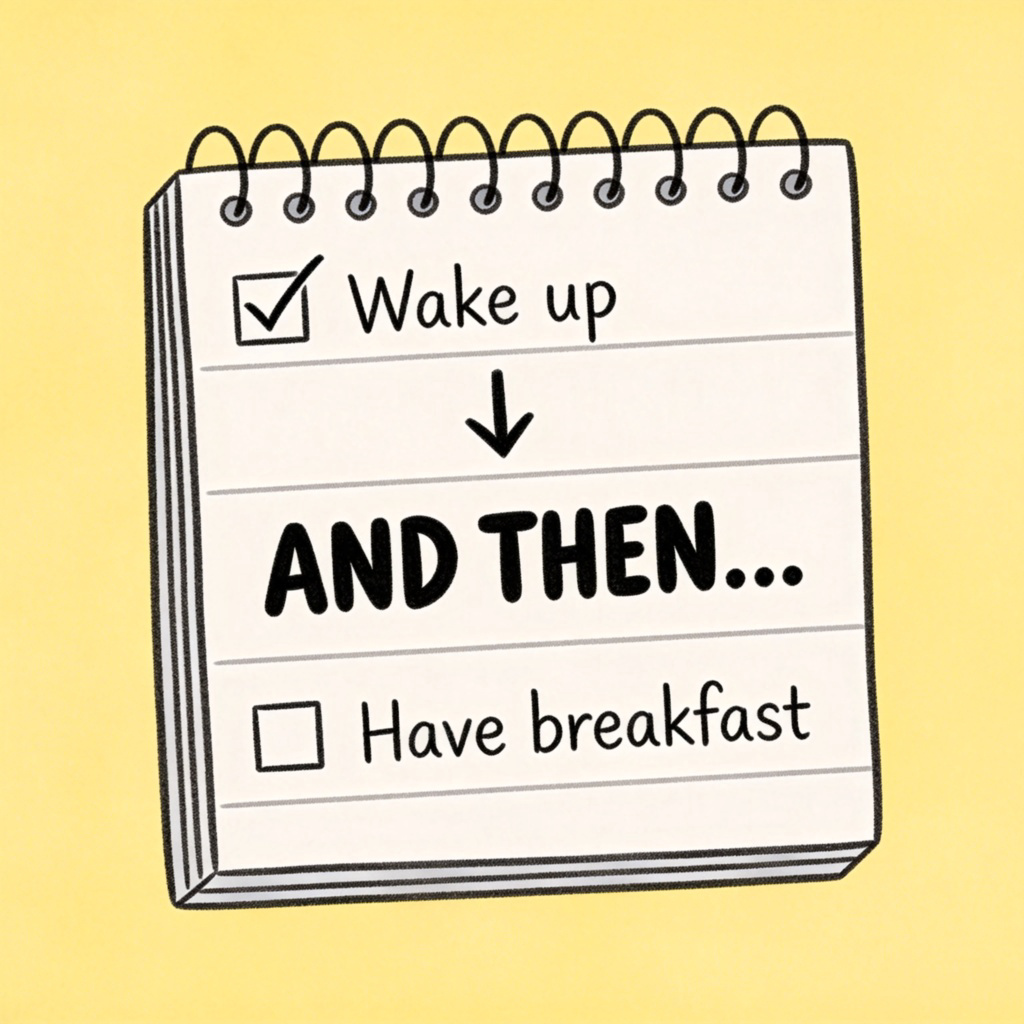 A simple, illustrated checklist on a notepad. The first line says "Wake up" with a tick. An arrow points down to the second line that says "AND THEN..." in large, friendly letters. Below that, the third line says "Have breakfast" with an empty checkbox. The focus is on the sequential relationship. Hand-drawn cartoon style on a light yellow background.