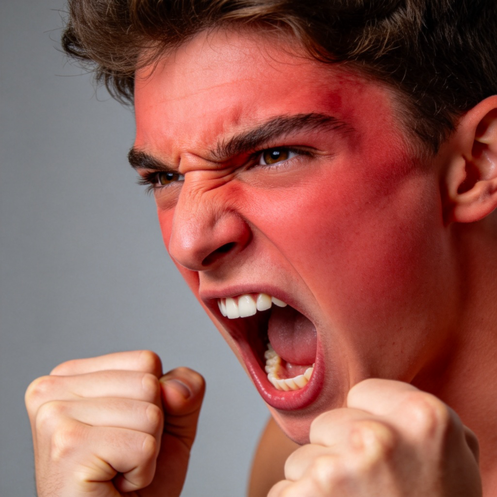 angry 生气含义图解：一个满脸通红、眉头紧锁、双臂交叉的沮丧人物