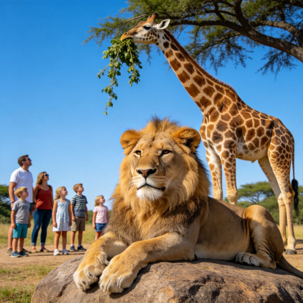 A vibrant scene at a zoo with a majestic lion resting on a rock in the foreground and a tall giraffe eating leaves from a tree in the background. Clear blue sky, children and parents observing from a safe distance. Photorealistic style, bright and cheerful atmosphere. No text.