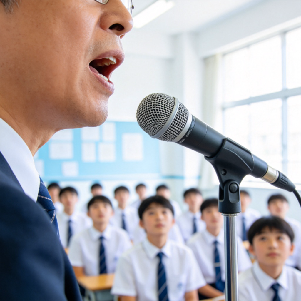 A school principal standing in front of a classroom, speaking into a microphone. The students are looking up attentively. The scene is in a bright, clean school hall. Focus on the principal's mouth and the microphone. No text on the image.