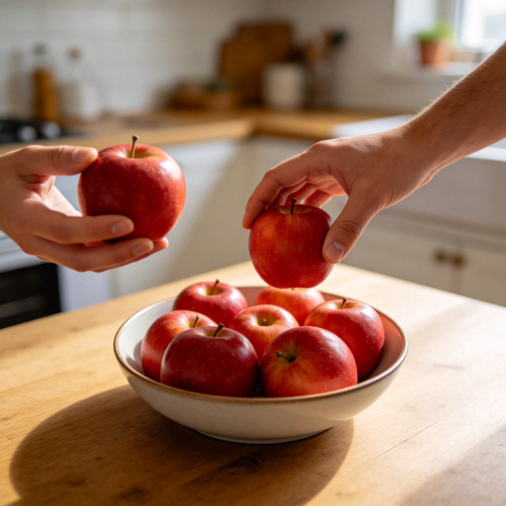 A person's hand reaching towards a bowl of identical red apples on a wooden table, about to pick up a second one. The first apple is already held in their other hand. Clean, well-lit kitchen background. Focus on the action of taking one more. No text.