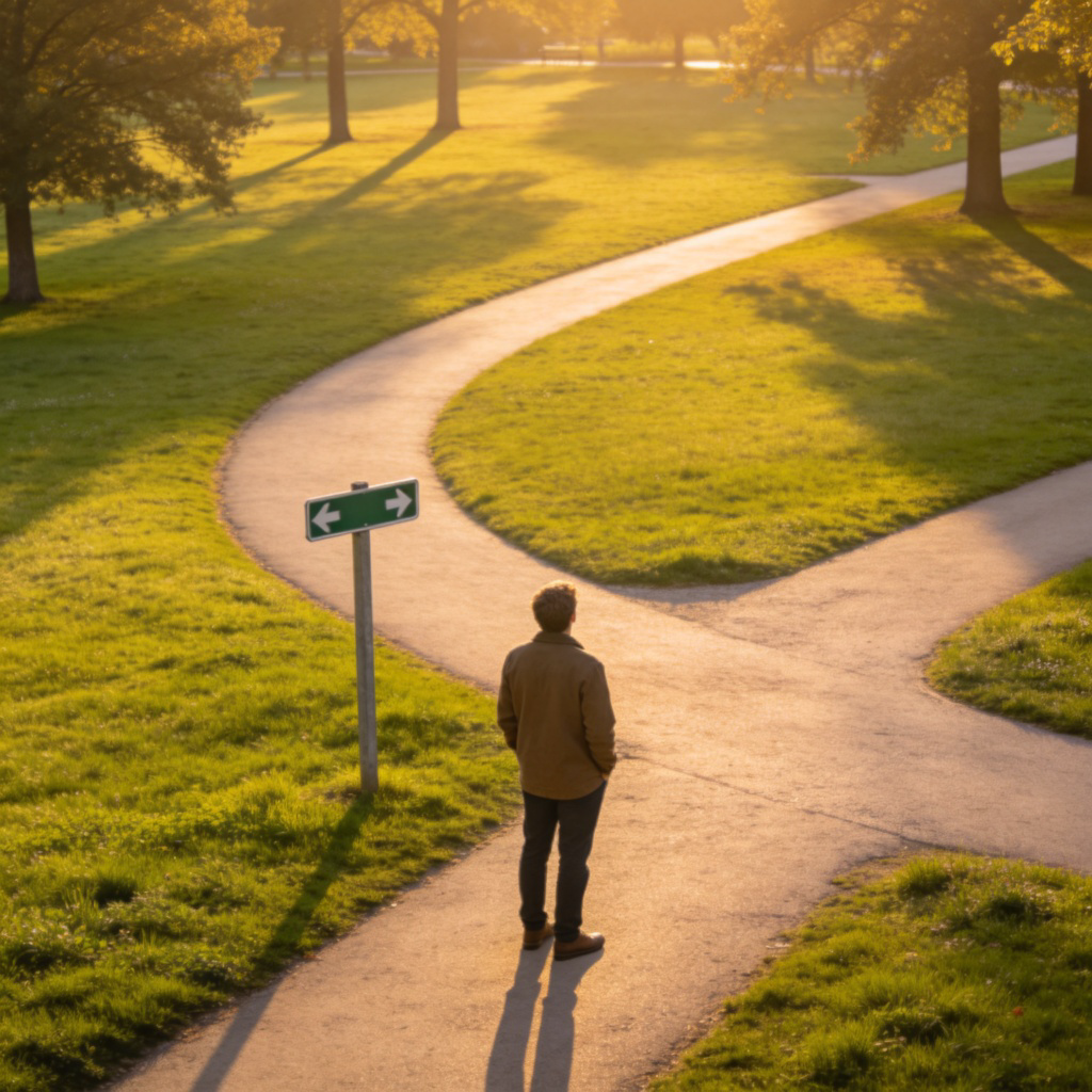 A person standing at a fork in a path in a park. One path sign is clearly marked, and they are thoughtfully looking towards a second, different path leading in another direction. Sunny day, green grass. The focus is on the choice between two options. No text.