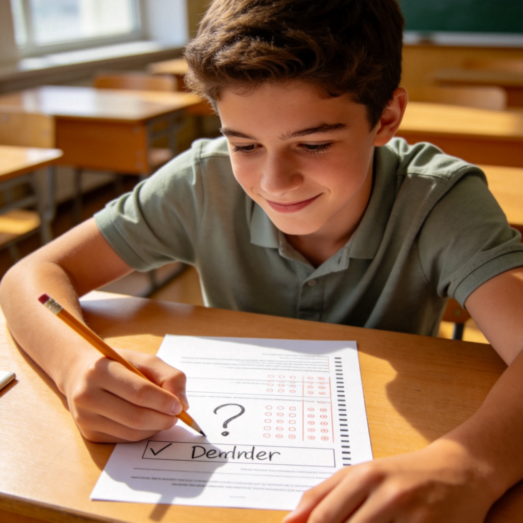 A student sitting at a wooden desk in a well-lit classroom, holding a pencil and looking at a test paper. On the paper, there is a question mark, and next to it, a clearly written word in a blank space. The student has a thoughtful but confident expression. The focus is on the paper and the answer. Clean, realistic style, no text on the image.