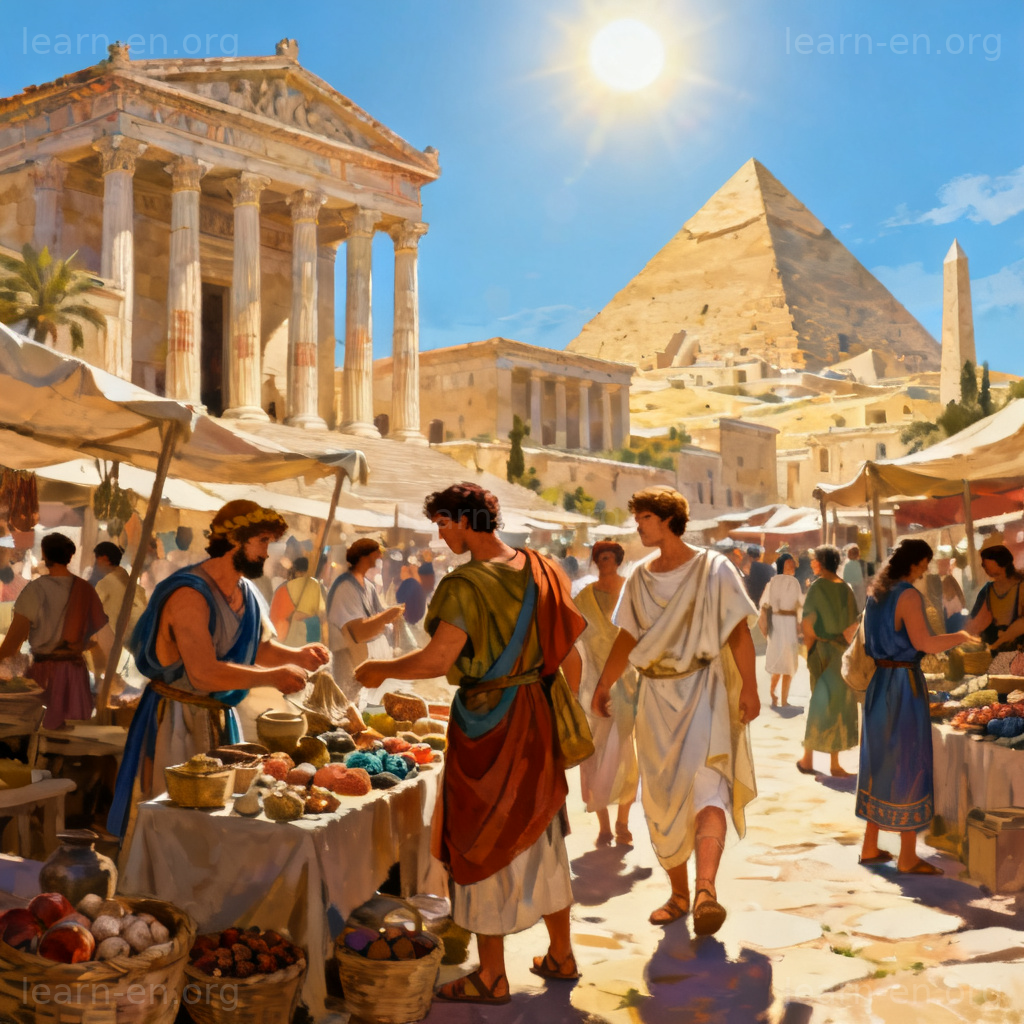 Antiquity scene showing daily life in a bustling ancient civilization marketplace.