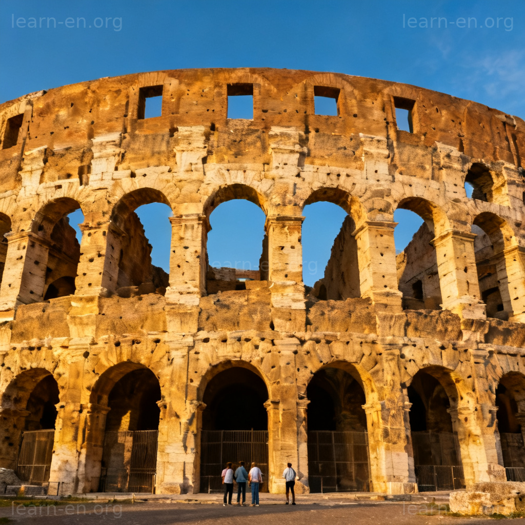 Antiquity example of the Roman Colosseum ruins under a clear blue sky.